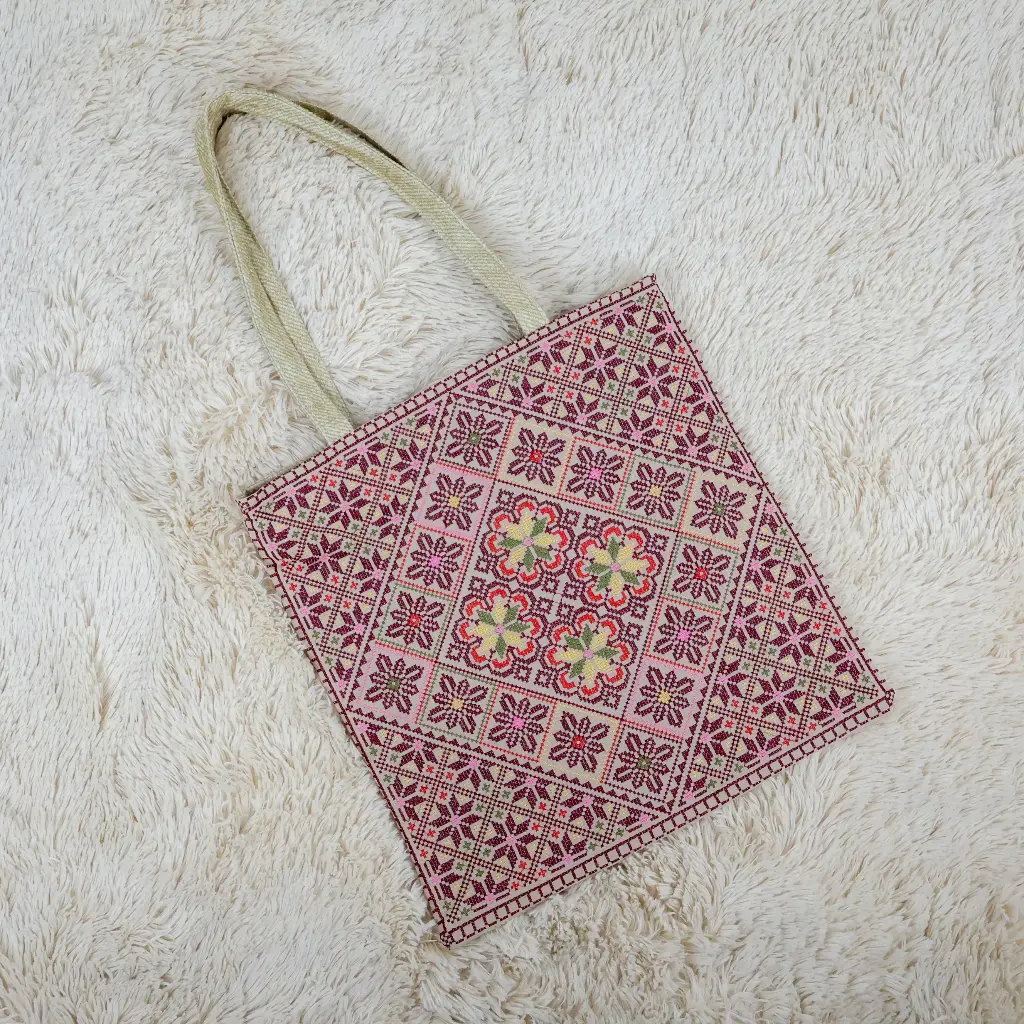 Embroidered canvas tote bag with zipper