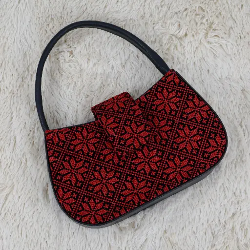 Leather embroidered bag with zipper & Shoulder Strap